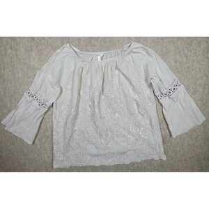 KAKTUS Womens S Top 3/4 Bell Sleeves Embroidered Sequin Beige‎ Boho Peasant